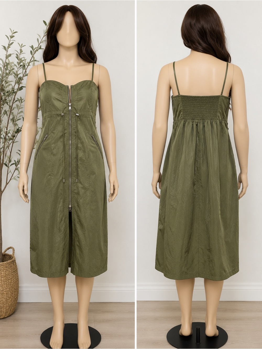 Zip-Front Olive Midi Dress with Adjustable Straps